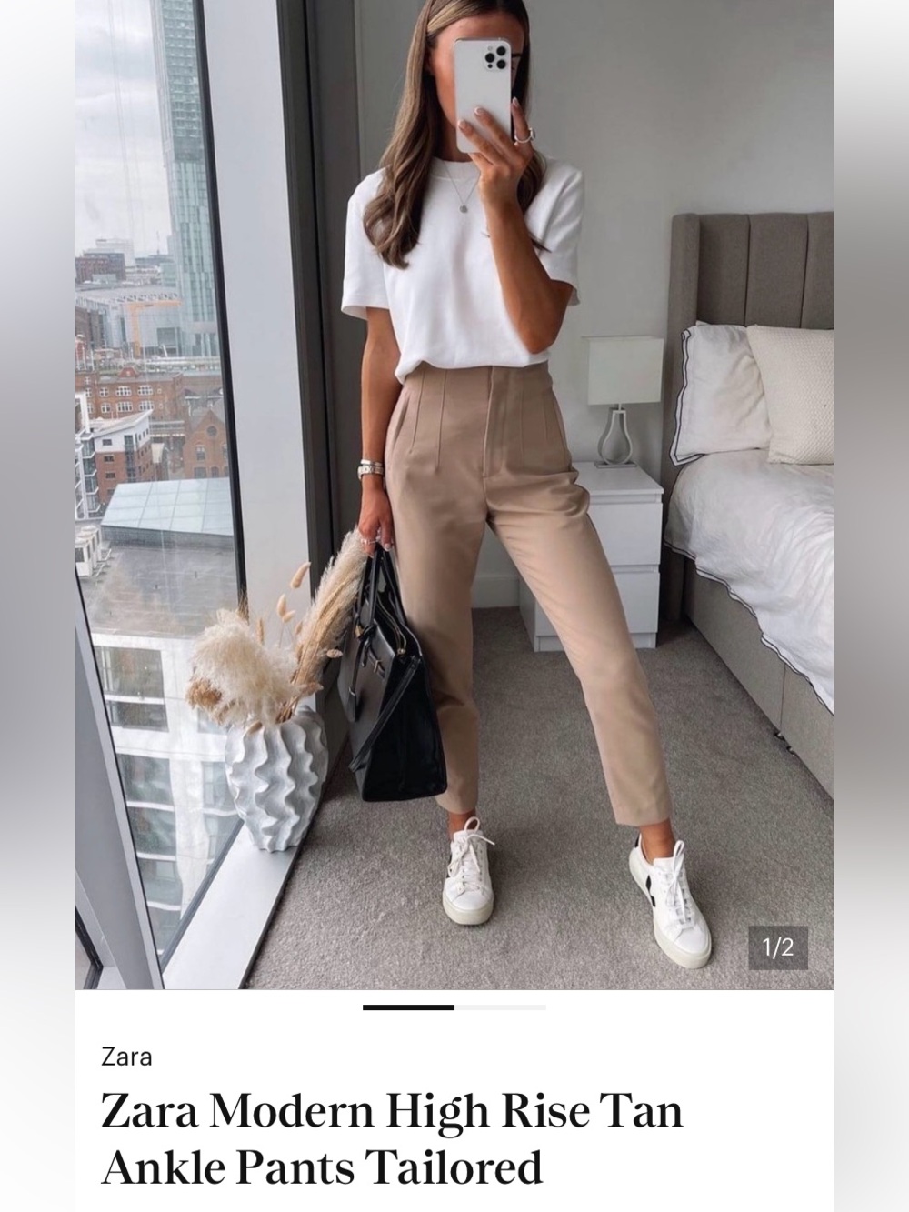 Zara Straight-Leg High-Waist Pants Light Camel Brown XS